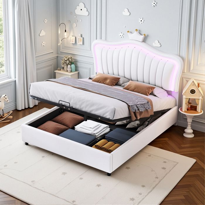 Lit capitonné - Lit Coffre Enfant - Novélys - 140x200cm - Design Coquillage & Couronne avec LED - Cuir PU - Blanc
