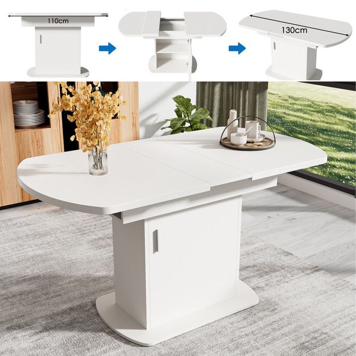 Table à Manger Extensible - 110-130cm - Blanc Moderne - Poignées Argent - Rangement Intégré