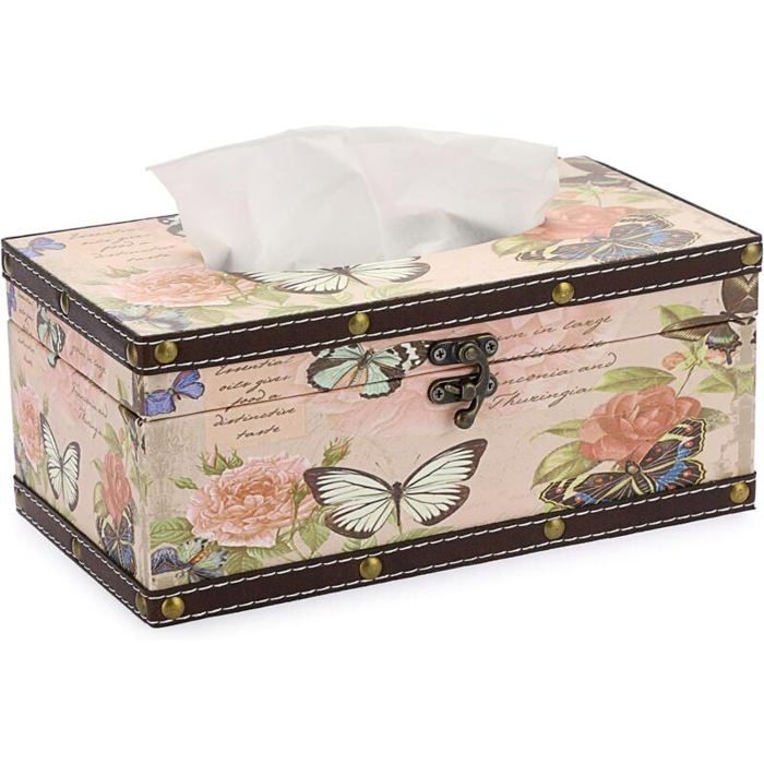 CCYKXAA Boîte à mouchoirs vintage en bois avec motif papillon Boîte à mouchoirs cosmétiques Boîte de rangement pour salle de