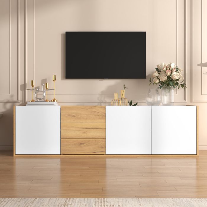 Meuble TV Murale ou à Poser Moderne Armoire TV avec 3 Portes et 3 Tiroirs en Blanc et Bois 171 5 cm
