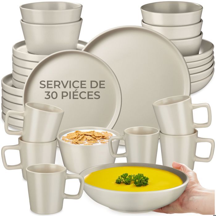 Service de vaisselle - TECTAKE - Service de vaisselle UNA en grès composé de 30 pièces pour 6 personnes style urbain - Taupe