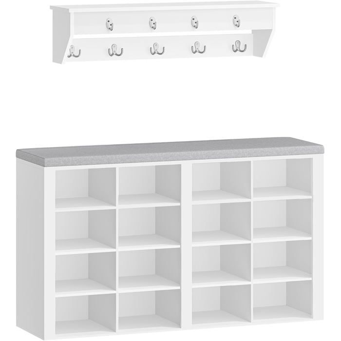 Banc à Chaussures Banc de Rangement avec 16 Compartiments Porte-Manteau Étagère à Chaussures avec 9 Crochets Blanc-Gris