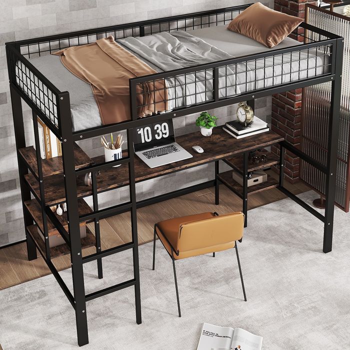 Lit Mezzanine Métal 90x200 Noir avec Bureau et Étagères – Lit Loft Industriel Gain de Place avec Échelle Sécurisée