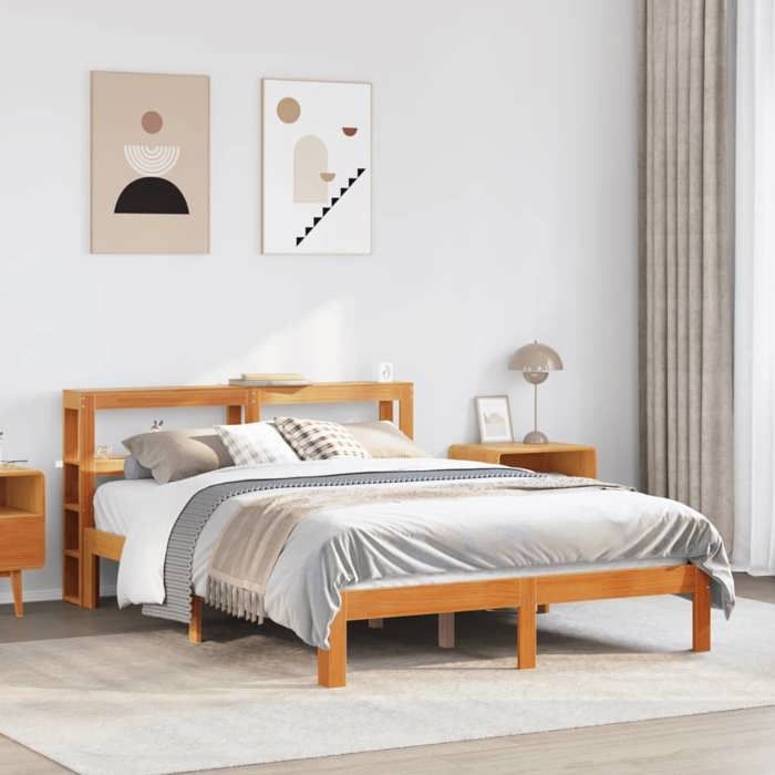 Cadre de lit en bois de pin massif - vidaXL - 140x190 cm - Cire marron - Sommier à lattes - Étagères de rangement