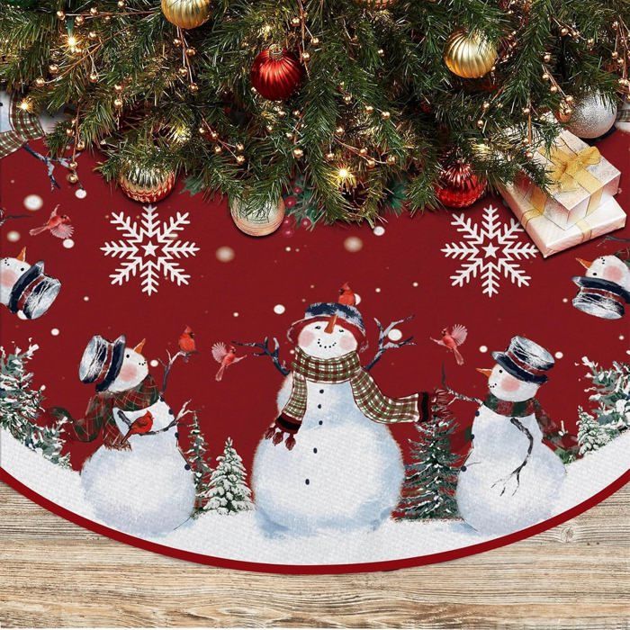 Jupe De Sapin De Noël 122 Cm - Cache-pied Avec Motifs Sapin/flocons/bonhomme De Neige - Polyester, Réglable - Pour Décoration De Base D'arbre