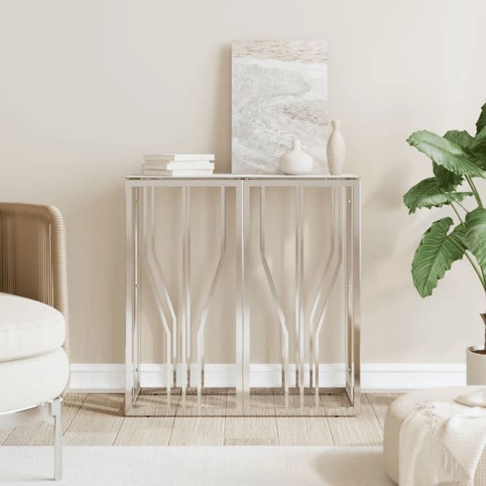 Table console en acier inoxydable - vidaXL - Argent - 70x30x70 cm - Verre trempé - Finition marbre blanc