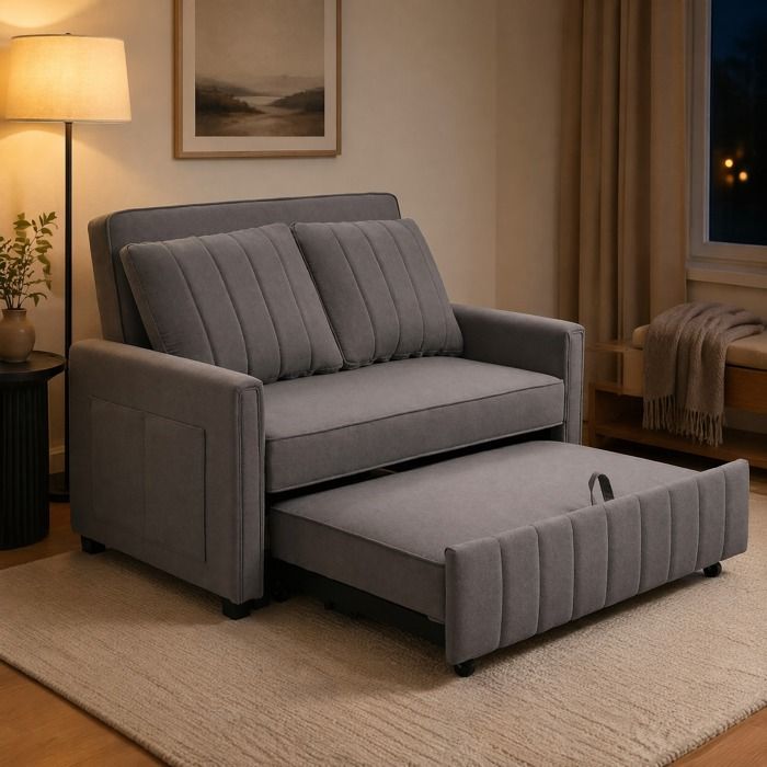 Canapé convertible Maisentiel tissu coton-lin gris antique 180 x 110 cm dossier 3 positions gain de place