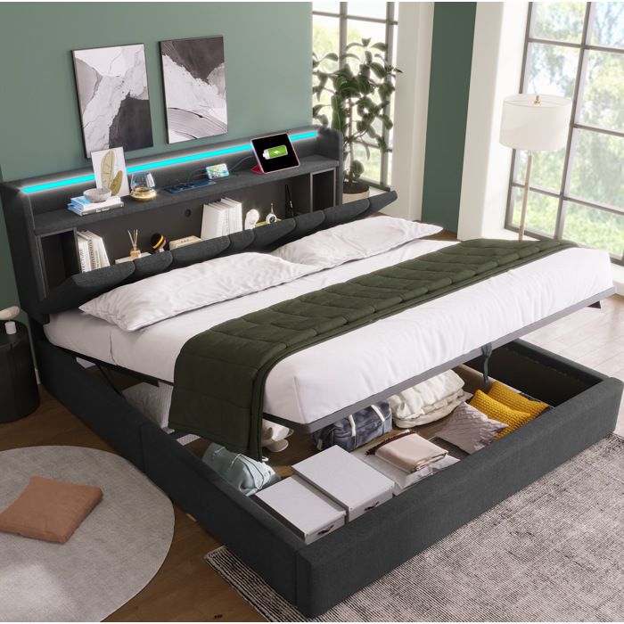 HOMVRA Lit Adulte 140x200 cm Lit Double avec Coffre de Rangement USB et LED Sommier à Lattes Lin Gris (Sans Matelas ni Fond)