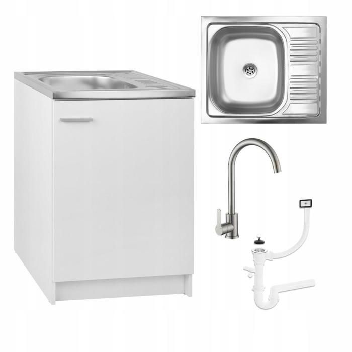 STAMAR Meuble sous Évier 60 cm Blanc + Évier Deante Inox + Robinet Haute Chrome + Siphon LV - 60x50x82 cm