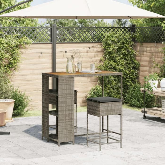 HOT SALE* Ensemble de bar de jardin 3 pcs - SHIELD - Jeu de Table dextérieur + 2 chaises - et coussins gris résine tressée 5298658 HOT SALE* Ensemble de bar de jardin 3 pcs - SHIELD - Jeu de Table dextérieur + 2 chaises - et coussins gris résine tressée 5298658