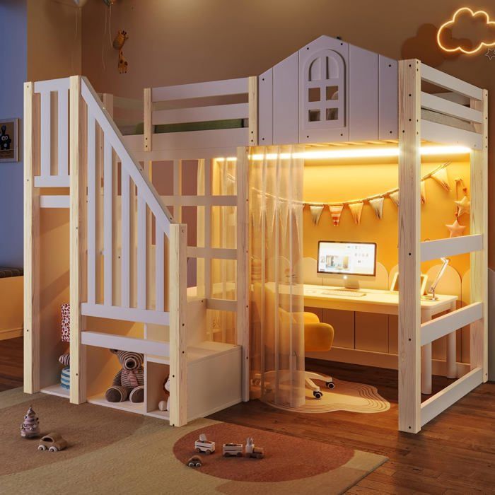 Lit mezzanine 90x200cm avec lumières LEDForme de fenêtreéchelle de rangementlit simple avec compartiment rangement ouvertblanc