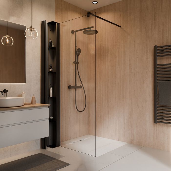 Paroi de douche à litalienne transparent noir mat l. 90 cm x H. 200 cm SCHULTE Walk In réversible paroi fixe+ armoire verre 6 mm
