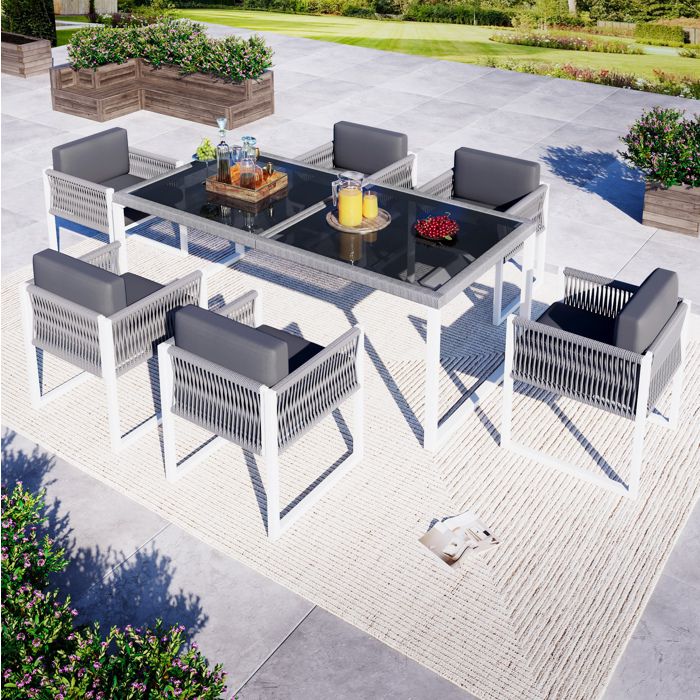 salon de jardin 6 personnes table verre trempé 170x80 cm et 6 fauteuils corde gris blanc