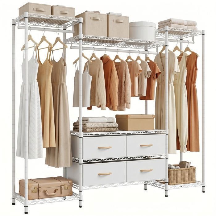 Portant à Vêtements - HOMDOX - Penderie avec 6 Étagères 3 Tringles et 4 Tiroirs en Tissu Armoire de Chambre Gain de Place Blanc
