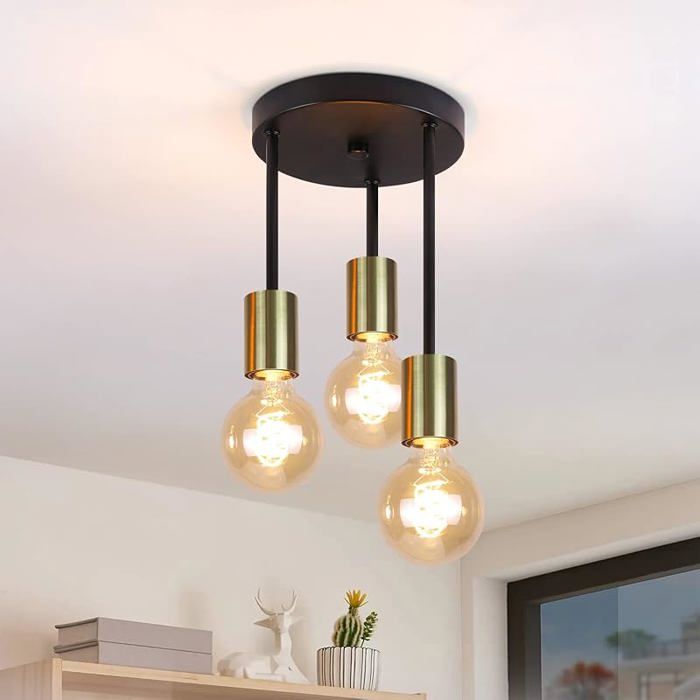 Plafonnier Suspendu 3 Lumières Vintage E27 Noir et Or avec 3 Spots - Lustre Industriel Moderne pour 3 flammes Noir Doré LUSTRE