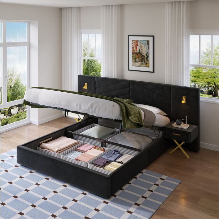 Lit coffre 180x200 cm lit double en velours avec tête de lit 2 tables de chevet sommier à lattes noir