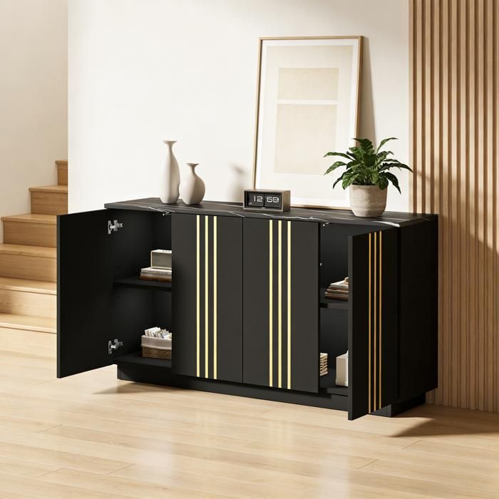 Buffet salon - PAGE Living - 140 x 35 x 70 cm - 4 portes - Noir et doré