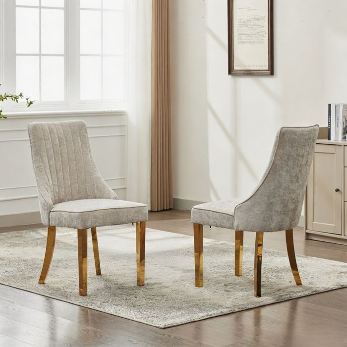 Lot de 2 Chaises de Salle à Manger - BELLEMAVE - Tissu Chenille - Pieds Métalliques Plaqués Or - Design à Cannelures - Beige