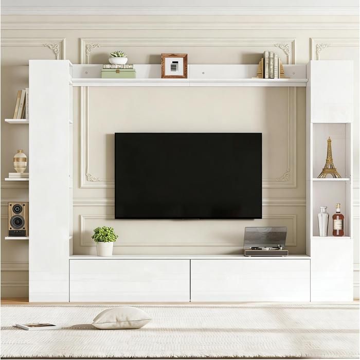 Ensemble mural TV 4 pièces 245 x 30 x 170 cm blanc brillant avec vitrine acrylique et étagères ouvertes