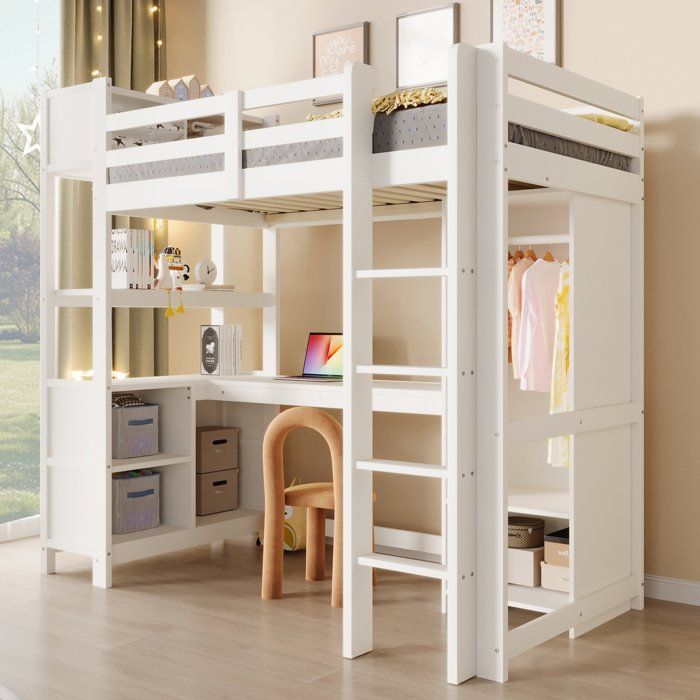 Lit Mezzanine Enfant 90x200 cm Lit Combiné avec Bureau dAngle Penderie Étagères et Sommier à Lattes - Blanc