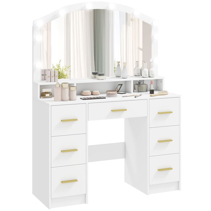 Coiffeuse - HOMCOM - avec miroir lumières led réglable 3 couleurs 7 tiroirs 3 compartiments ouverts - bois - blanc Coiffeuse - HOMCOM - avec miroir lumières led réglable 3 couleurs 7 tiroirs 3 compartiments ouverts - bois - blanc