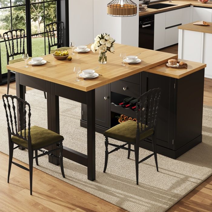 Îlot Central de Cuisine Extensible Table Bar Haute avec Plateau Pivotant à 360° Mange-debout et Porte-épices Intégré Noir
