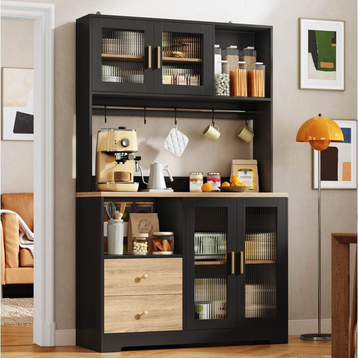 WUVRIE Colonne de cuisine 110 x 40 x 178 cm avec LED RGB prises USB vitrine 6 portes 2 tiroirs noir