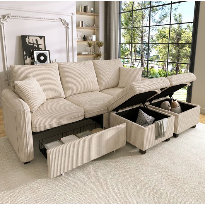 VUENOR Canapé modulable 3 places 188x186x86 cm beige en velours côtelé avec rangement
