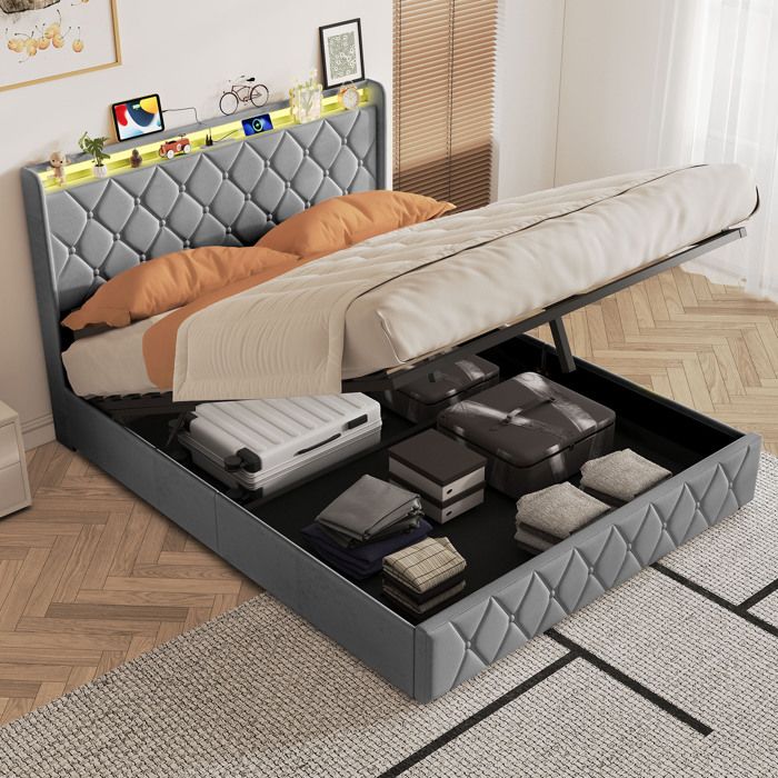 Lit coffre - URBANLUXE - Lit coffre 140x200 cm - Rangement hydraulique - Tissu velours gris - LED intégrée