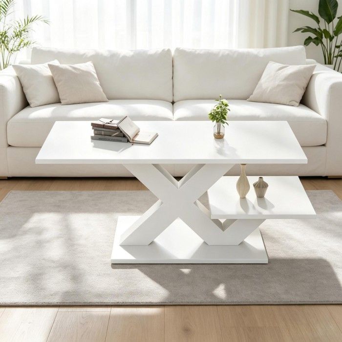 Table basse blanche double plateau MDF laqué brillant pieds X table salon console dimensions 100x48x45cm Table basse blanche double plateau MDF laqué brillant pieds X table salon console dimensions 100x48x45cm
