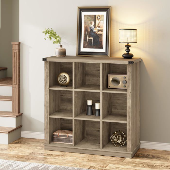 Bibliothèque 9 cubes Meuble de rangement pour bureau style campagne pour livres et accessoires Gris rétro