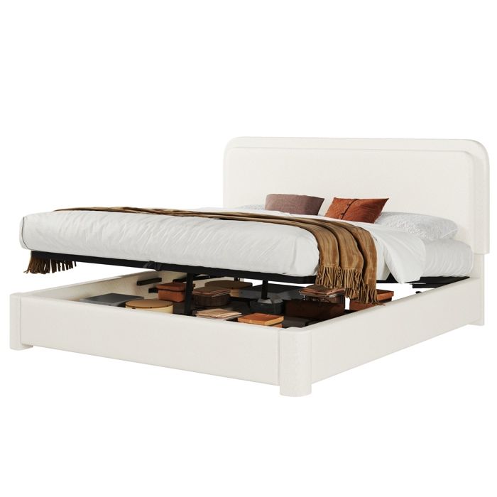 Lit double 160 x 200 cm en bouclette blanche coffre hydraulique sommier a lattes inclus tete reglable