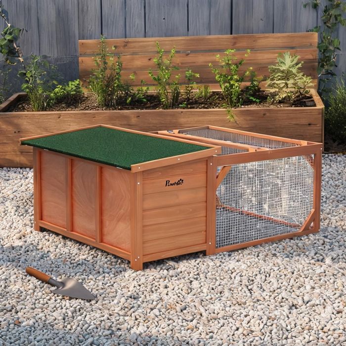 Clapier extérieur avec enclos intégré 125 5 x 100 x 49 cm - bois sapin - toit asphalte - finition orange