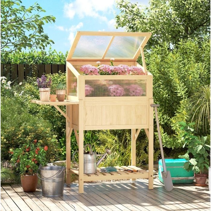 Carré potager surélevé avec serre – Bois – couvercle rabattable tablette pliante – 104 x 50 x 120 cm