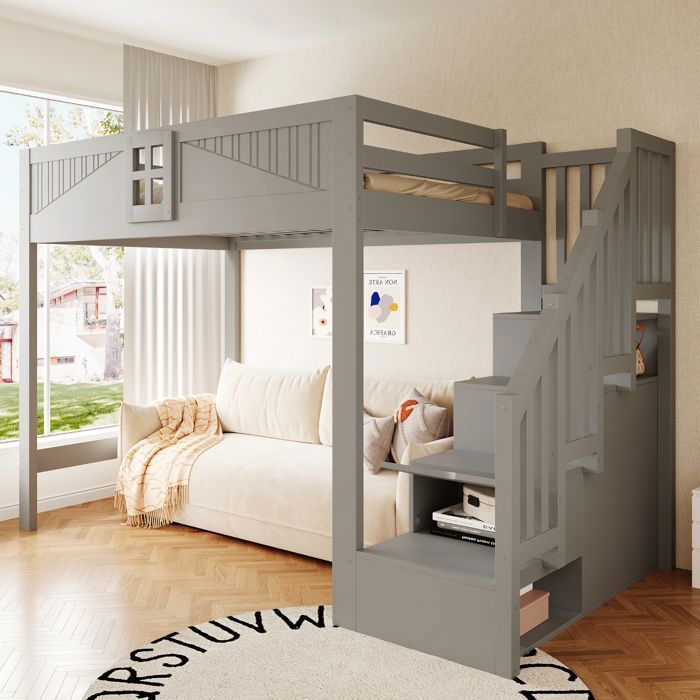 Lit mezzanine enfant 2 places 140x200 cm en bois avec escalier de rangement réversible et barrières gris