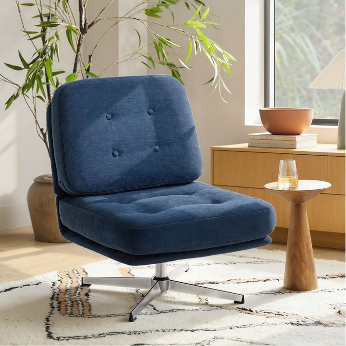 Fauteuil pivotant chenille bleu foncé assise large 70 cm dossier épais pieds métal charge 120 kg JOINERY