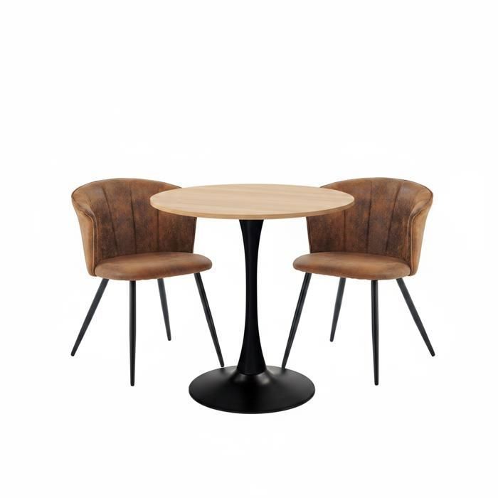MEUBLES COSY Ensemble de salle à manger de style vintage composé dune table ronde en chêne et de 2 fauteuils en suédine marron