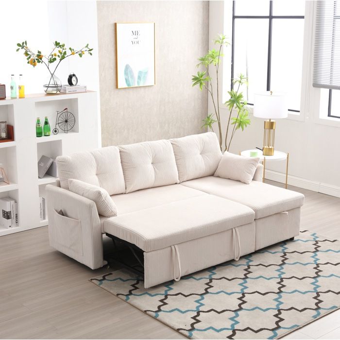 Canapé-lit beige 206 x 108 x 66-88 cm convertible modulable coffre de rangement angle réversible 3 places
