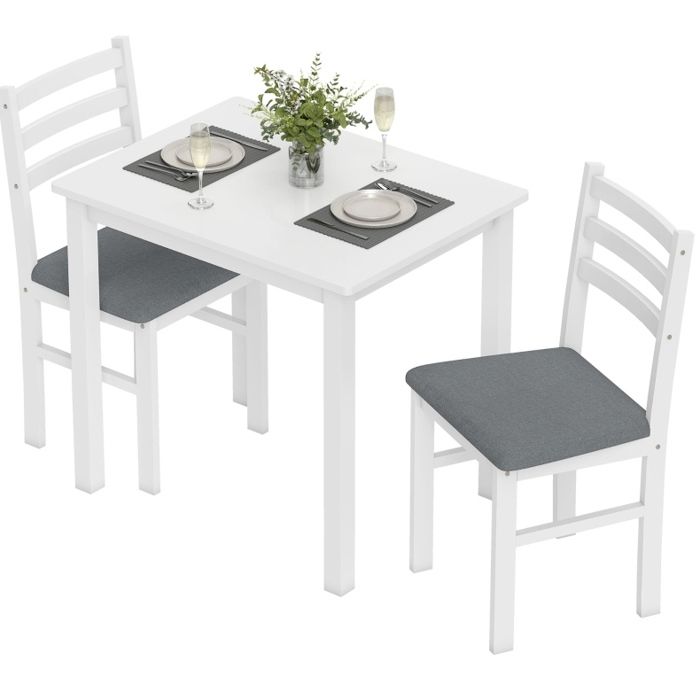 Ensemble table de cuisine avec 2 chaises rembourrées gain de place 80 x 60 cm blanc MDF pour petit espace TYNQER