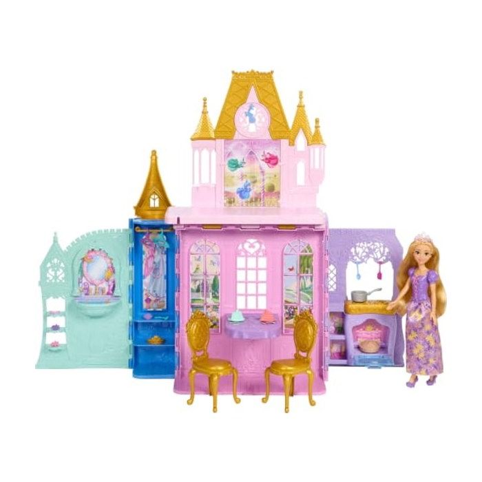 Maison - MATTEL - JLK27 - Château pliable transportable - 5 espaces de jeu - 20 meubles et poupée Raiponce Maison - MATTEL - JLK27 - Château pliable transportable - 5 espaces de jeu - 20 meubles et poupée Raiponce