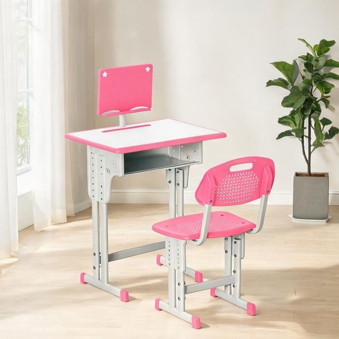 Bureau et chaise enfant réglable avec casier et support lecture en PP finition rose 60 x 45 cm