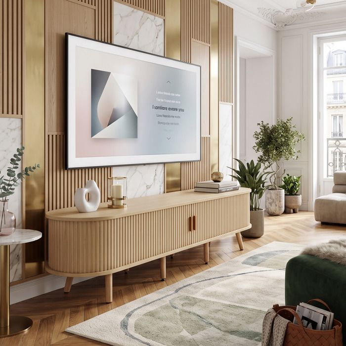 Meuble TV 175x40x42cm Grand Rangement Gain de Place Design Soigné Bois & Lattes 2 Tiroirs 8 Pieds Réglables - Chêne