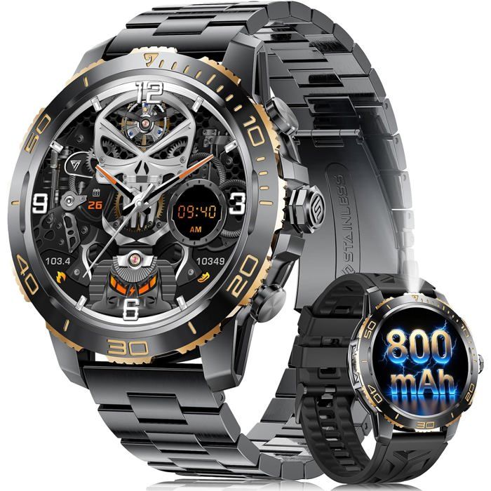 Montre Connectée Homme Batterie 800mAh Smart Watch avec 1.43AMOLED Écran Appels Bluetooth 200 Modes Sportifs IP68 Étanche LED Lampe