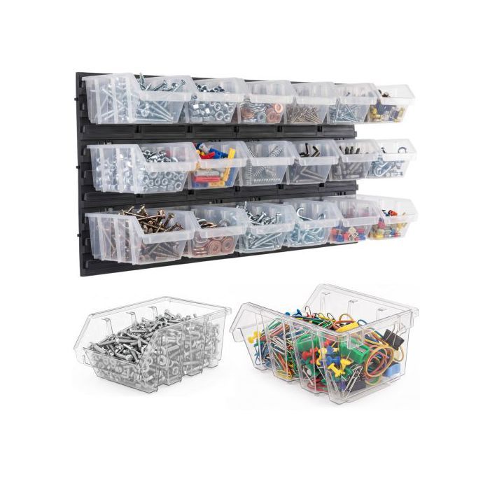 Étagère murale datelier - BOTLE - 18 bacs (78 x 39 cm) - bacs transparents - montage mural - charge 20 kg