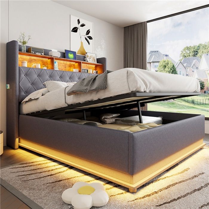 Lit capitonné LED 160x200 cm gris lin avec coffre hydraulique USB rangement lit double moderne confortable Lit capitonné LED 160x200 cm gris lin avec coffre hydraulique USB rangement lit double moderne confortable