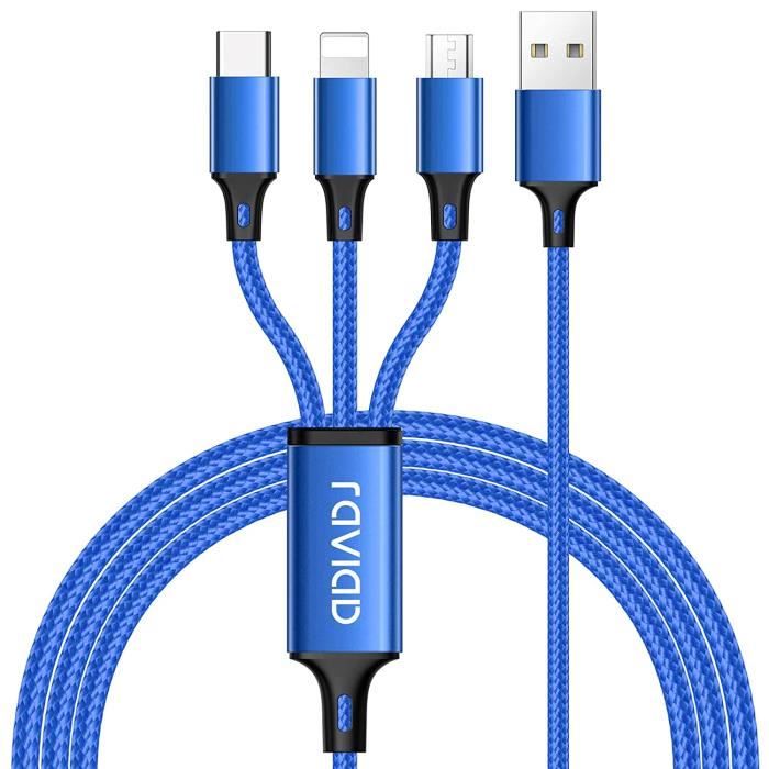 Câble Multi USB, 3 en 1 Multi Chargeur USB Câble 1.2M Câble