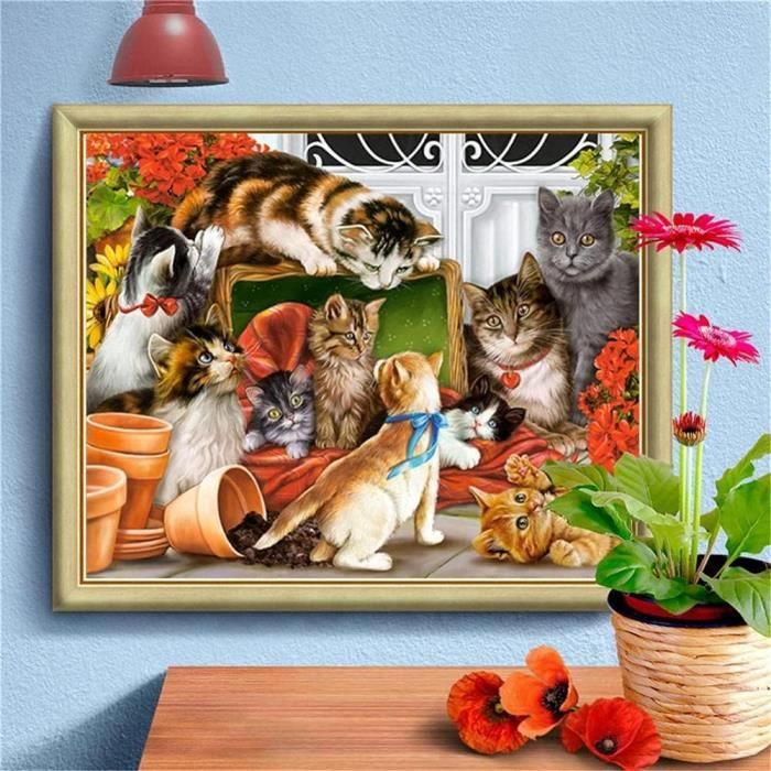 Kit Diamond Painting 5D Chat & Renard - 4 Toiles 30x30/40 Cm, Loisir Créatif Adultes (Rond)