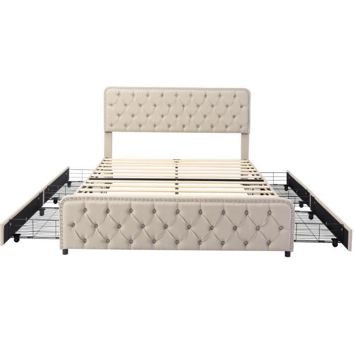 lit capitonné 140x200 cm avec tiroirs, tête de lit réglable en hauteur, sommier à lattes en bois - lin beige