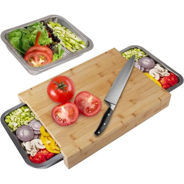 Planche à Découper En Acacia Avec 2 Bacs Inox 304 - 40x29,5cm - Pour Cuisine Et Service