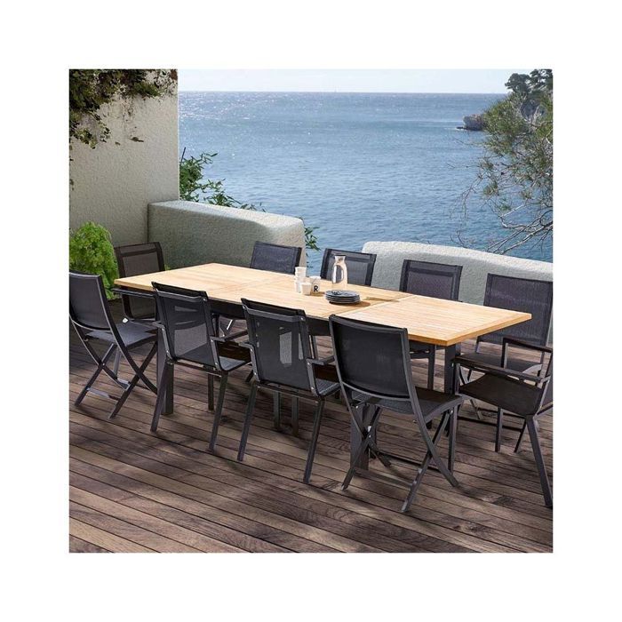 Ensemble table et chaises de jardin moderne Bali - Noir/Teck - Aluminium/Textilène - Rallonge coulissante